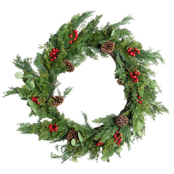 90cm Artificial Cedar Christmas Wreath with Red Berries and Pinecones, Green Seasonal Door Decor image 1