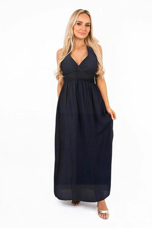 Talina Cross Back Maxi Dress With Ruched Waist - Navy