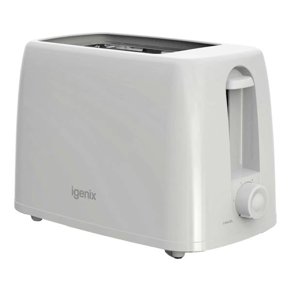 A white Igenix 2 Slice Toaster (650W, 6 browning levels, control dial, crumb tray, cord storage) is shown on a plain white background.