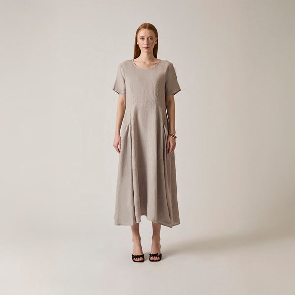 Taupe linen midi dress with pockets