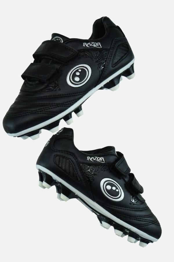 Pair of black and white Optimum Razor junior moulded football boots on white - Optimum