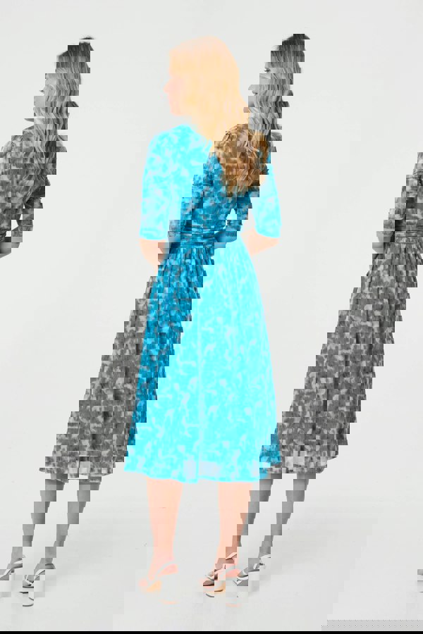 Teal | Printed 3/4 Sleeve Midi Faux Wrap Dress
