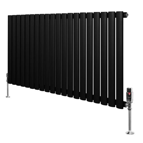 Sleek black oval single column radiator with polished valves, measuring 600mm x 1200mm, featuring a modern design and smooth finish