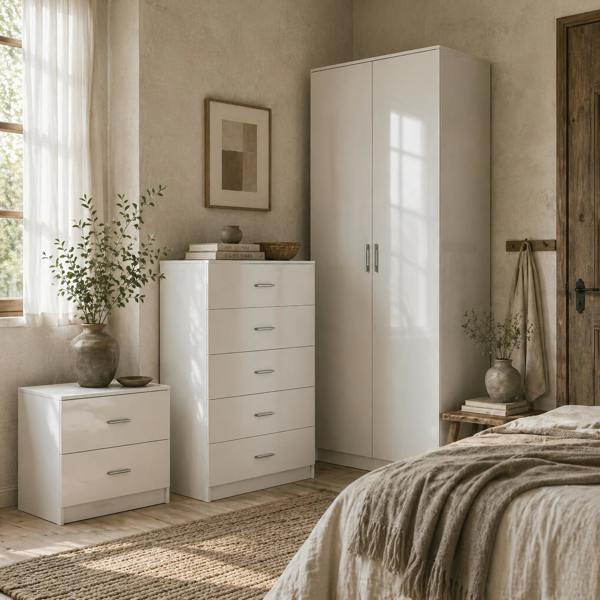 Wyld Haus Belatera High Gloss White 3 Piece Bedroom Furniture Set Wardrobe Chest of Drawers And Bedside Table