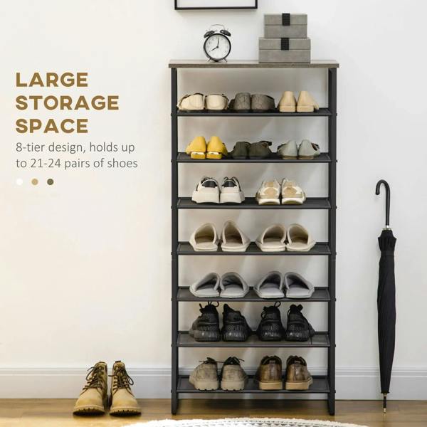 Black 8-tier shoe rack with mesh shelves for 21–24 pairs, wide top