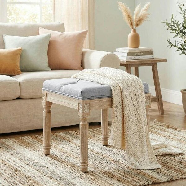 Vintage Foot Stool, Tufted Square Footrest with Wood Legs, Light Grey