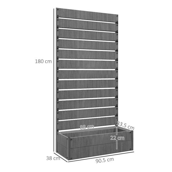 Dark grey raised planter box with trellis frame; dimensions shown on a cutaway view.