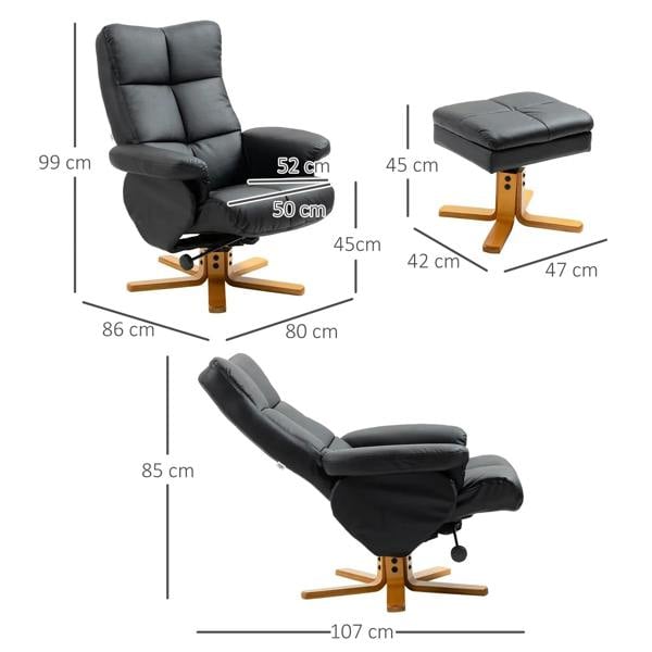Black PU leather swivel recliner chair with footrest, shown with size dimensions