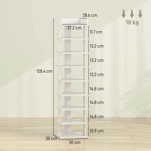 Bobobiy Shoe Rack 9-Tier Shoe Storage Organiser Top Tray Guardrail 2 Hooks 30 x 30 x 128.4 cm White