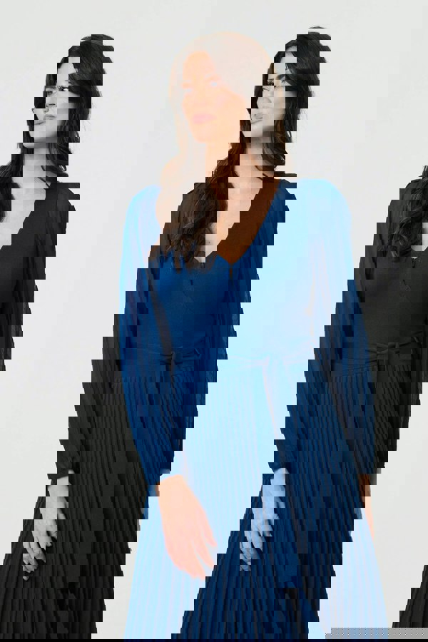 Teal | Semi Sheer Pleated Knee length Dress
