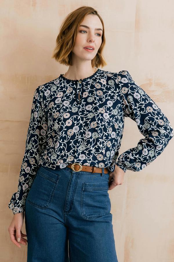 Lily & Me Emily Printed Keyhole Blouse Navy