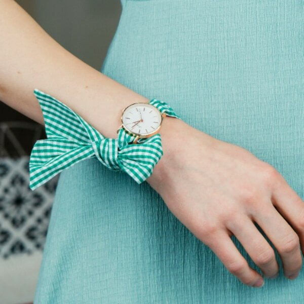 The Colourful Aura Green Plaid Cloth Changeable Cotton Tie Knot Strap Geneva Boho Wristwatch