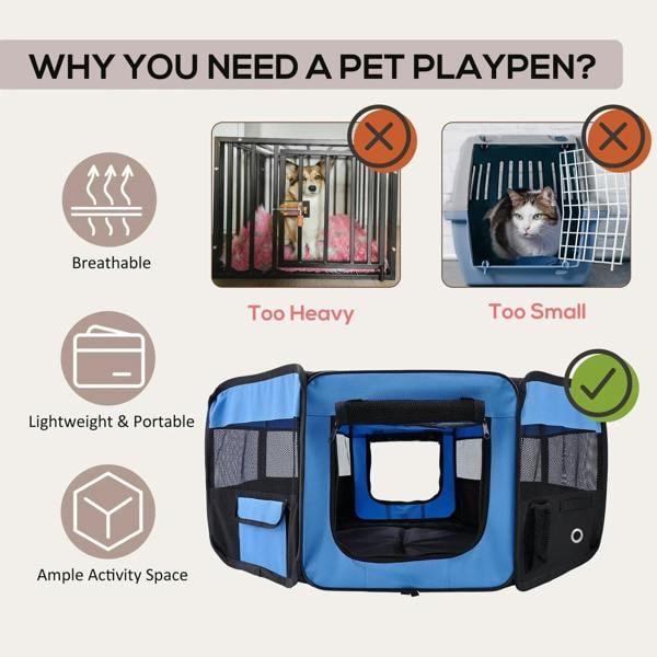 Blue and black pet playpen with front opening and mesh panels