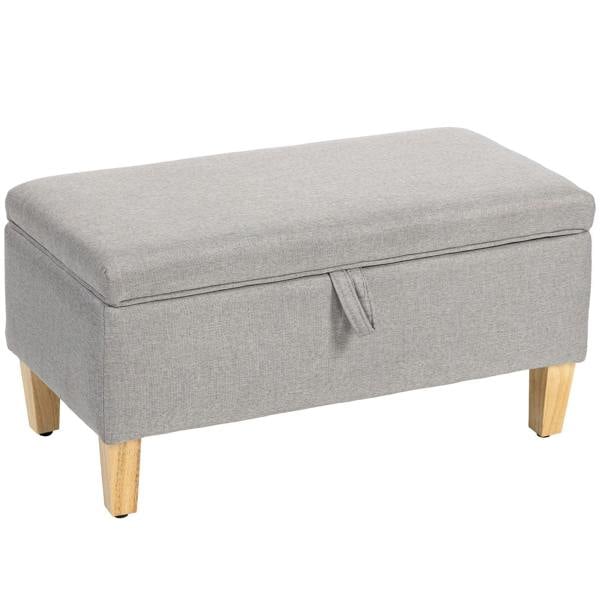 Light grey linen storage ottoman footstool with padded lid and wooden legs