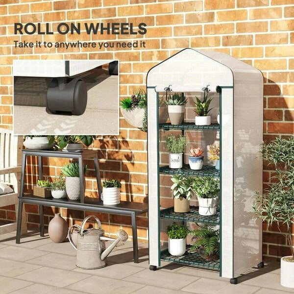 Bobobiy 4 Tier Mini Portable Greenhouse Compact Plant Grow Shed Metal Frame PE Cover with Lockable Rolling Wheels, White