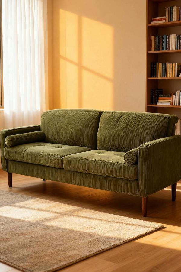 Living and Home Dark Green Corduroy Upholstered Two-seater Sofa Armchair
