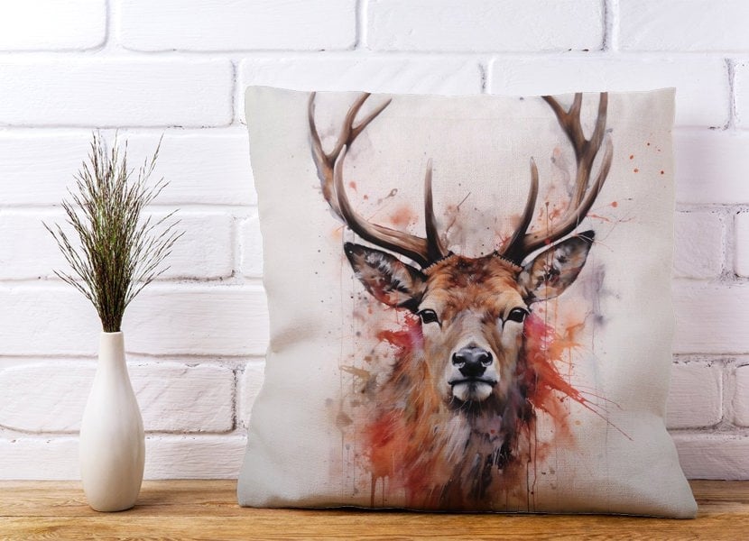 Warren Reed Watercolour Splashart Stag Face Cushions