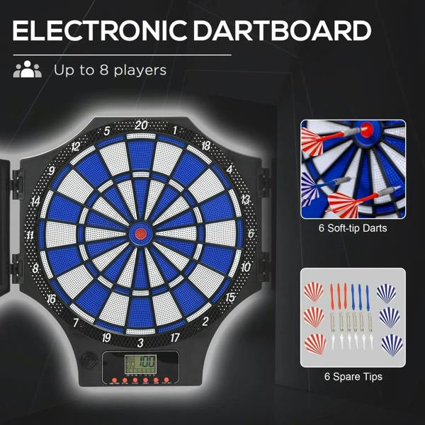 Electronic dartboard with blue scoring rings and black frame, side doors included