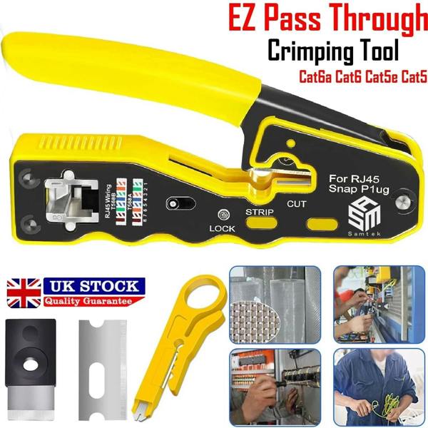 ATEK RJ45 Pass Through Crimp Tool CAT5e CAT6 CAT6a Stripper Yellow