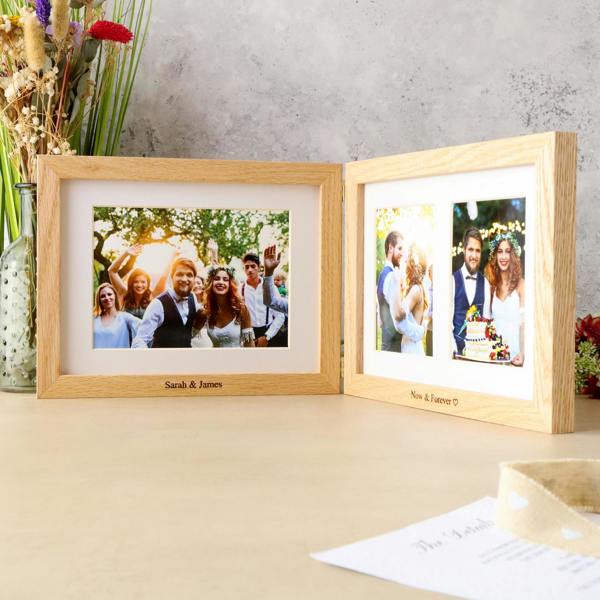 MijMoj Design Personalised Solid Oak Three Aperture Hinged Picture Frame - Natural Finish