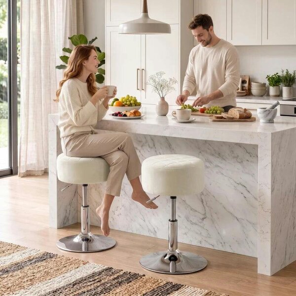 Bar Stool Adjustable Swivel Chair Velvet-Feel Seat 1 Piece, Beige