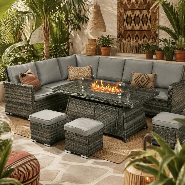Wyld Haus Virire Faux Rattan Grey 9 Seater Garden Sofa Set With Integrated Fire Pit Table