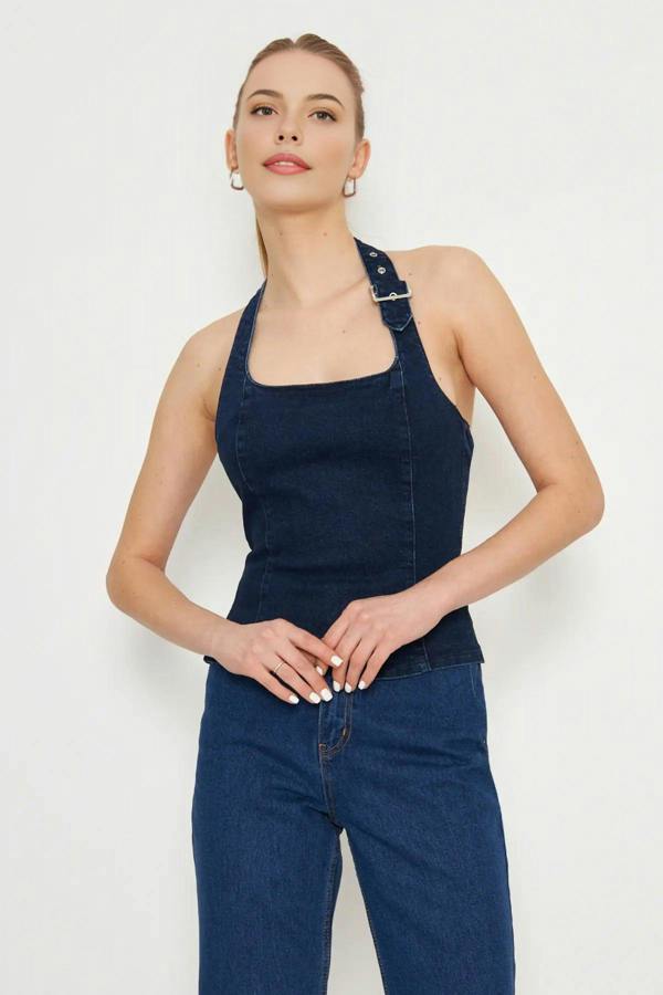 WOVCOR Halter Neck Denim Blouse with Belt Buckle Detail