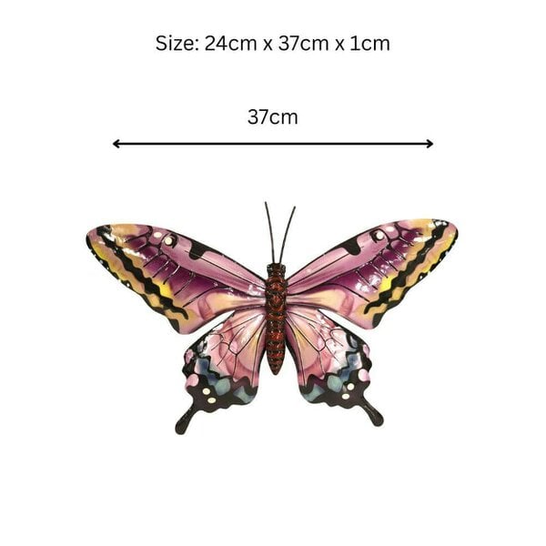 EDH Door Hardware Medium Metal Pink Butterfly Wall Art – 24 x 37 x 1 CM | Hand-Painted 3D Butterfly Decoration | Weatherproof Metal Wall Décor