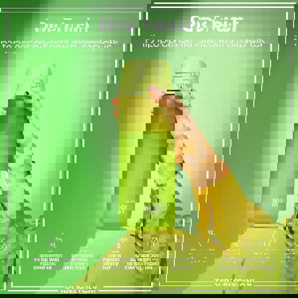 A light green ION8 water bottle is held; its flip top opens one-handed. The bottle features a triple lock security and is 100% leak proof. It is shown against a green background.