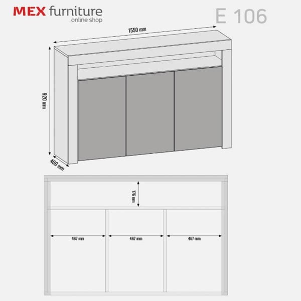Mex Furniture Sideboard 155cm – White Matt Body and Grey High Gloss Doors