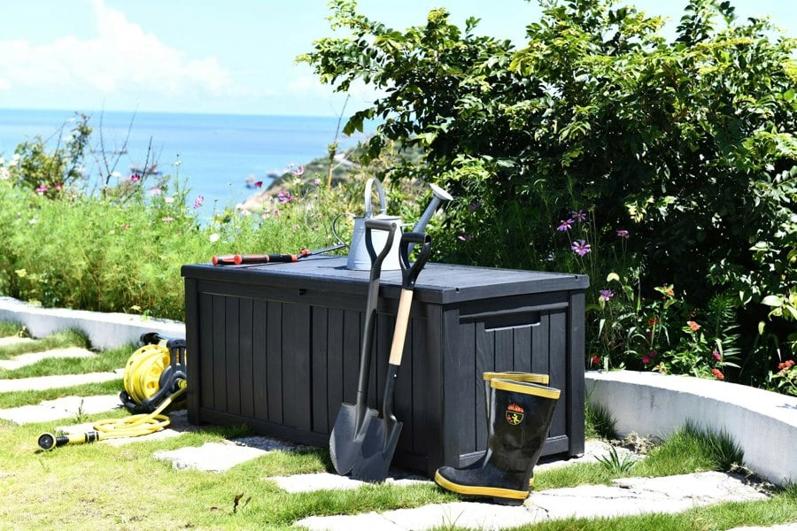 Centurion Supports TUNGSTEN 450 Litre 119 Gallon Waterproof Extra Large Lockable Easy-Open Garden Storage Box Outdoor Organiser in Black