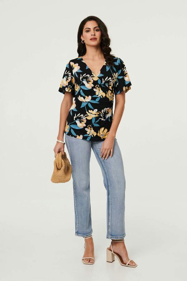 Black | Floral Short Angel Sleeve Wrap Front Top
