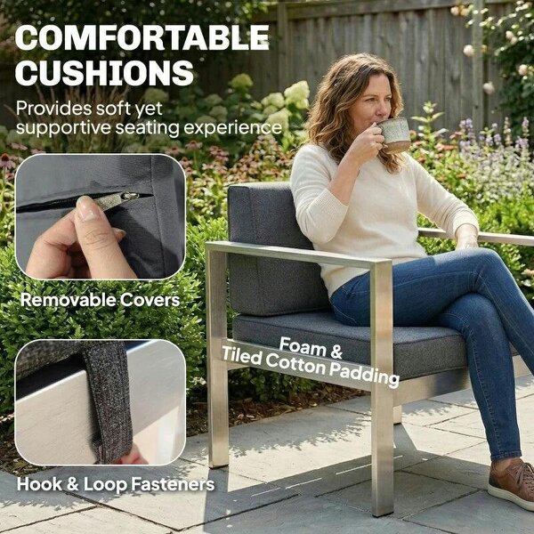 4 Seater Garden Furniture Set, Extra Wide Deep Garden Sofa Set with Olefin Cushions, Brushed Aluminium Frame, Dark Grey