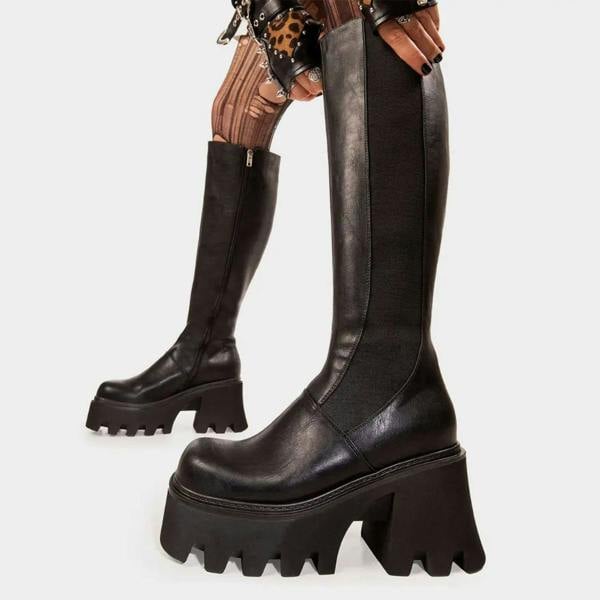 Lamoda For You Black PU Chunky Platform Knee High Boots Gothic Festival