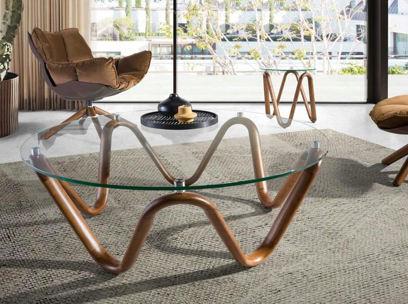 Angel Cerdá Round Tempered Glass and Walnut Round Coffee Table 2124