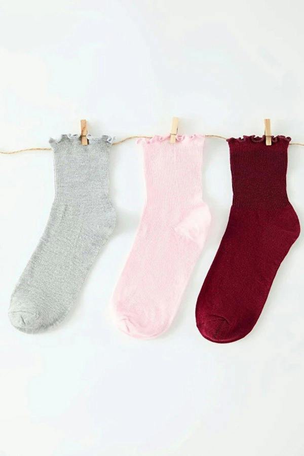 WOVCOR 3-Pack Cotton Elastic Knit Socks with Lettuce Detail