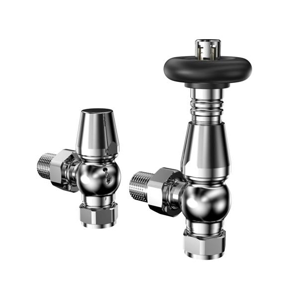 Polished chrome radiator valves with a sleek design, featuring a round control knob and a compact, modern shape for efficient heating