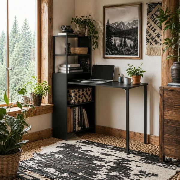 Wyld Haus Serana 105cm Wooden Black Folding Work Table With Integrated Shelving