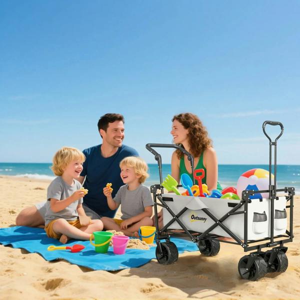 Grey folding wagon cart with overhead canopy and four wheels, loaded for beach day