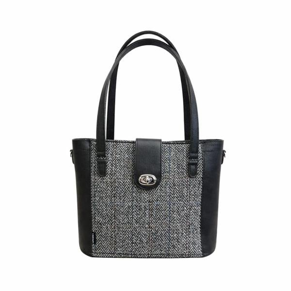 Zatchels Tannery Tweed & Leather Mini Twist Lock Shopper Bag - Black