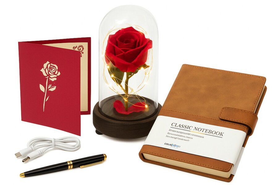 smartbies Enchanted Rose in Glass Gift set With Notebook USB Cable or Battery Powered