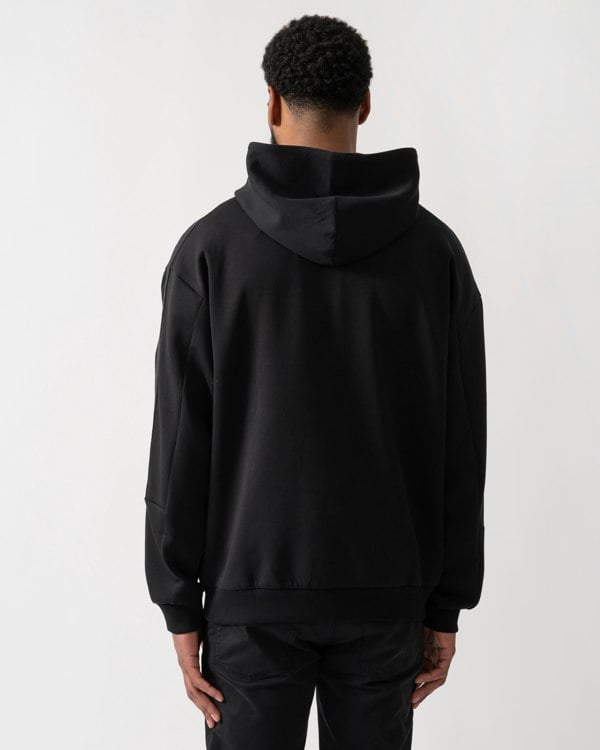 back shot of a model wearing a HUGO Danovohood Mens Hoodie in Black