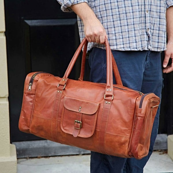 Paper High Brown Leather Holdall with Zipped Pockets