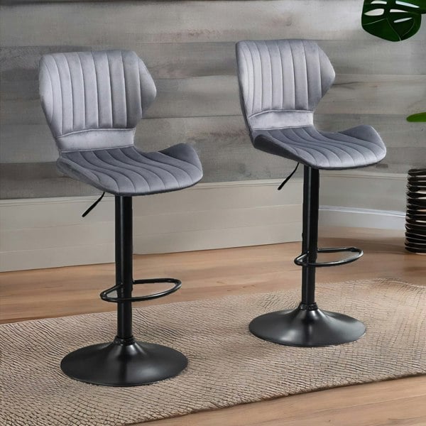 Rafaelo Mobilia Grey Retro Velvet Bar Stools Set Of 2 With Adjustable Height & Swivel