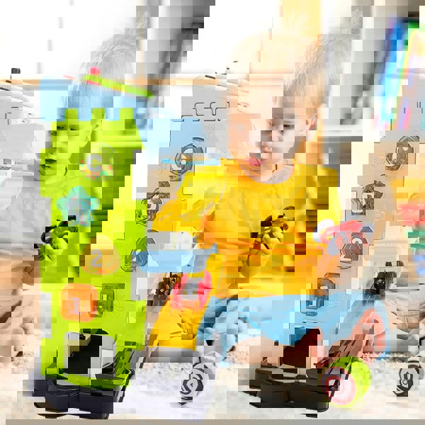 deAO Toys 5-in-1 Multi-Play Racetrack Activity House for Toddlers-Montessori Educational Toy with Shape Sorter, Monkey Climber