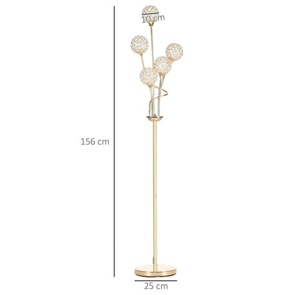 Gold-tone tall crystal floor lamp with five round shades and circular foot base