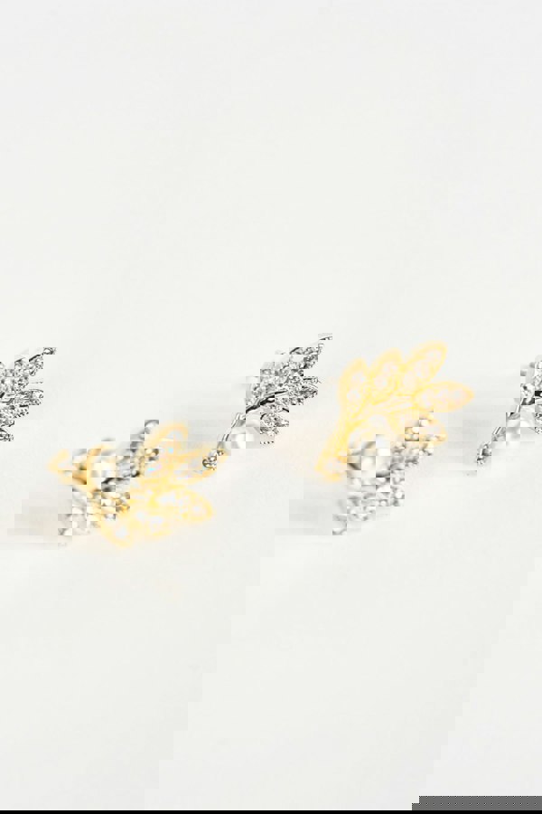 SVNX Hanging Leaf with Pearl Earrings in Gold