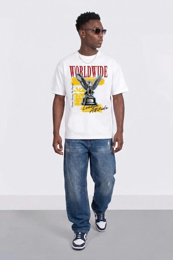 London Attitude Worldwide Eagle Oversized Heavyweight Graphic T-Shirt in White