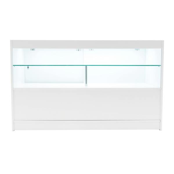 White Phoenix LED shop counter set featuring sleek design, glass shelves, and integrated lighting for enhanced display visibility