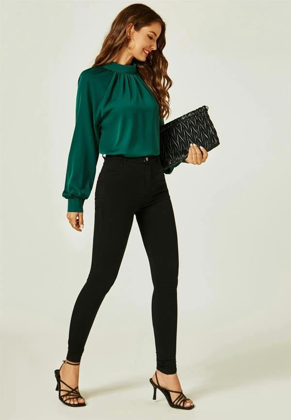 FS Collection Halter Neck Long Sleeve Blouse Top In Green